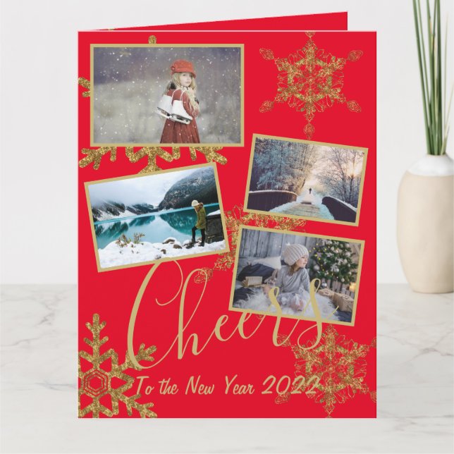 Festive Red Cheers New Year Gold Snowflake Photo Card (Front)