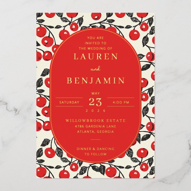 Festive Red Cherry Motiv Foil Invitation (Front)