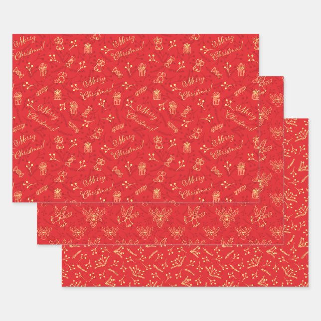 Festive Red Christmas 3 Patterns Holidays Gift Wrapping Paper Sheets (Set)
