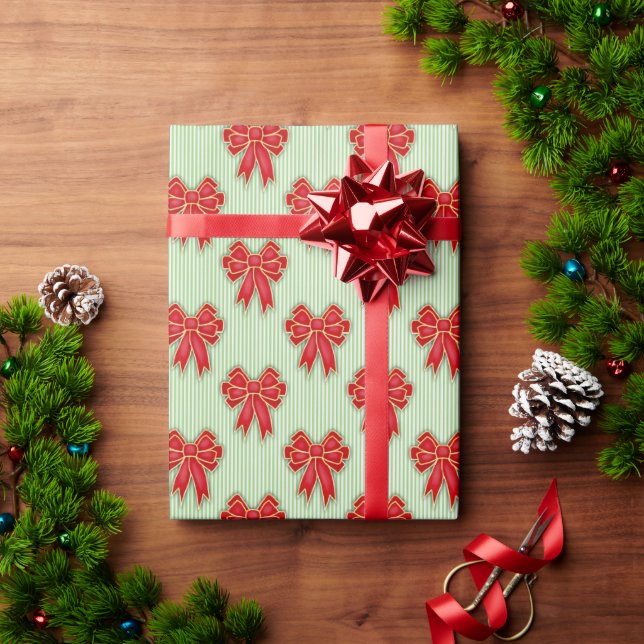 Festive Red Christmas Bows on Green Stripes Wrapping Paper (Holiday Gift)