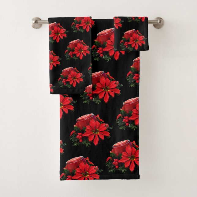 Festive Red Christmas Candle, Holly and Poinsettia Bath Towel Set (Insitu)