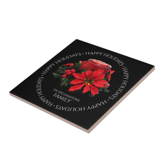 Festive Red Christmas Candle, Holly and Poinsettia Ceramic Tile (Side)