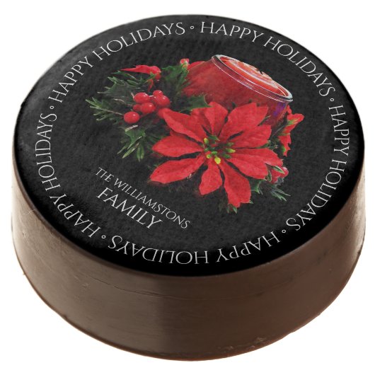 Festive Red Christmas Candle, Holly and Poinsettia Chocolate Covered Oreo (Angled)