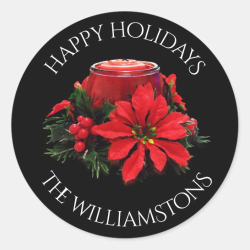 Festive Red Christmas Candle Holly and Poinsettia Classic Round Sticker