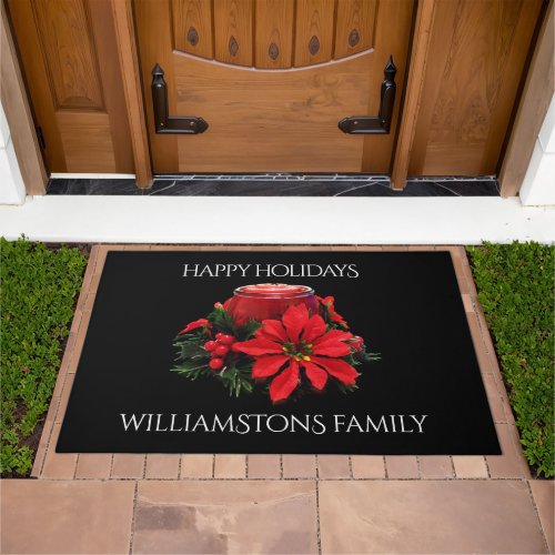 Festive Red Christmas Candle Holly and Poinsettia Doormat