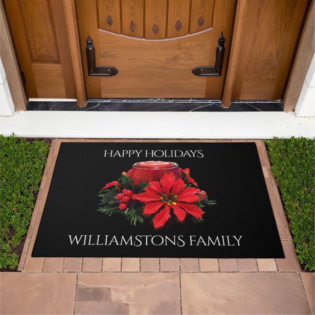 Festive Red Christmas Candle, Holly and Poinsettia Doormat (Outdoor)