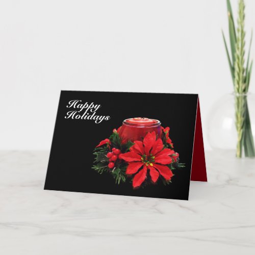 Festive Red Christmas Candle Holly and Poinsettia Holiday Card