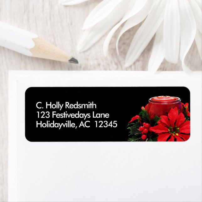 Festive Red Christmas Candle, Holly and Poinsettia Label (Insitu)