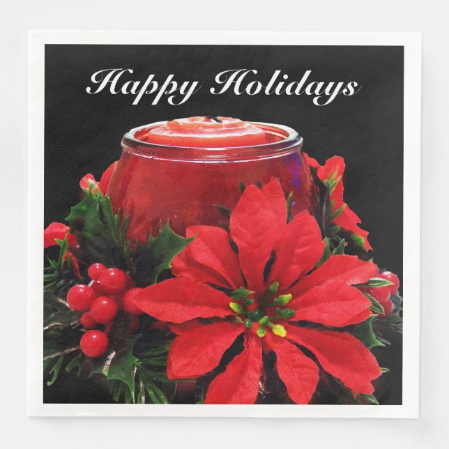 Festive Red Christmas Candle, Holly and Poinsettia Paper Dinner Napkins (Front)