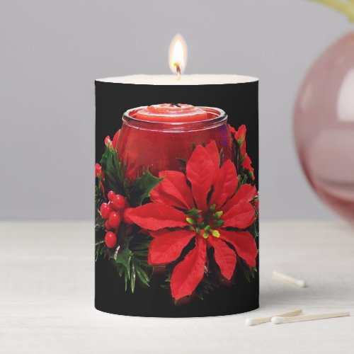 Festive Red Christmas Candle Holly and Poinsettia Pillar Candle