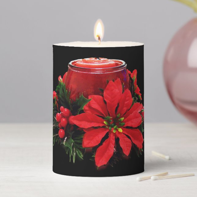 Festive Red Christmas Candle, Holly and Poinsettia Pillar Candle (In Situ)