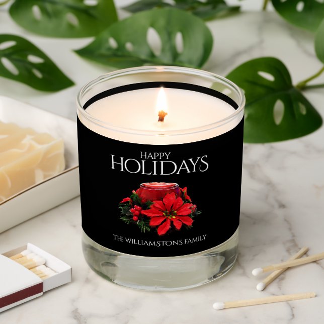 Festive Red Christmas Candle, Holly and Poinsettia Scented Candle (Lit)
