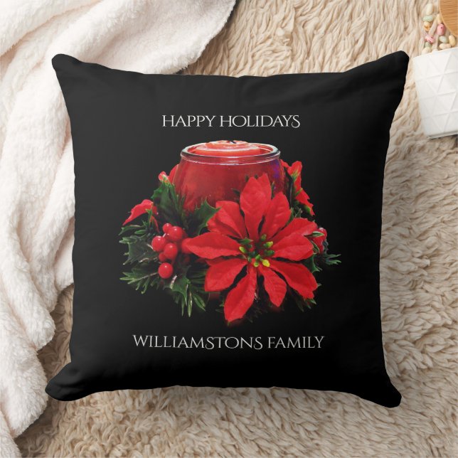 Festive Red Christmas Candle, Holly and Poinsettia Throw Pillow (Blanket)