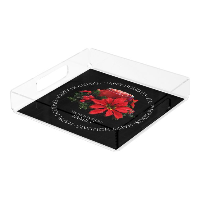 Festive Red Christmas Candle Holly Poinsettias Acrylic Tray (Angled)
