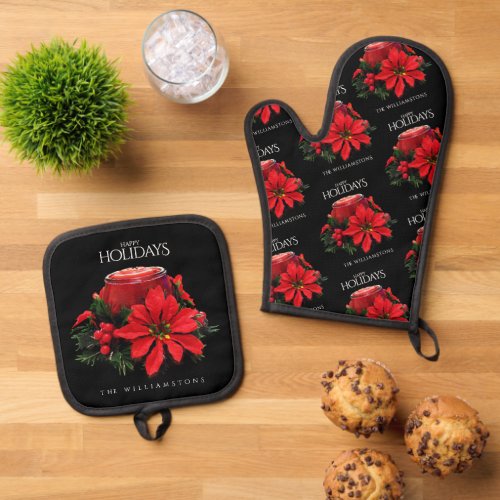 Festive Red Christmas Candle Holly Poinsettias Oven Mitt  Pot Holder Set