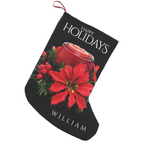 Festive Red Christmas Candle Holly Poinsettias Small Christmas Stocking