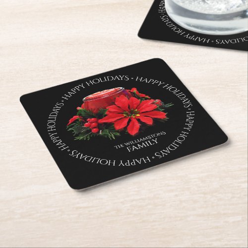 Festive Red Christmas Candle Holly Poinsettias Square Paper Coaster