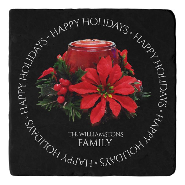 Festive Red Christmas Candle Holly Poinsettias Trivet (Front)