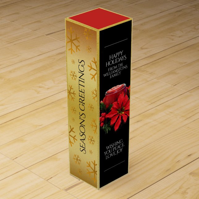 Festive Red Christmas Candles, Holly, Snowflakes Wine Box (Back)