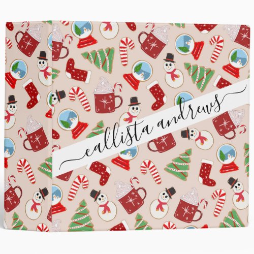 Festive Red Christmas Cookie Illustration Pattern 3 Ring Binder