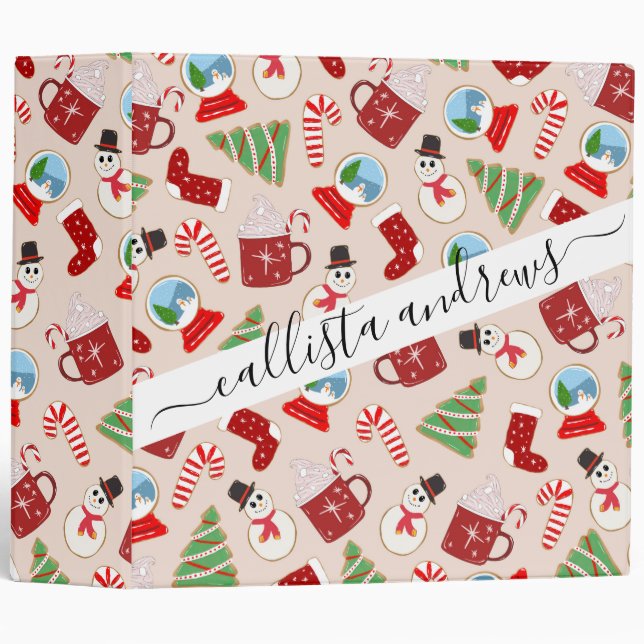 Festive Red Christmas Cookie Illustration Pattern 3 Ring Binder (Front/Spine)