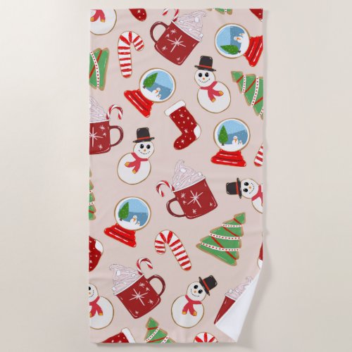 Festive Red Christmas Cookie Illustration Pattern Beach Towel