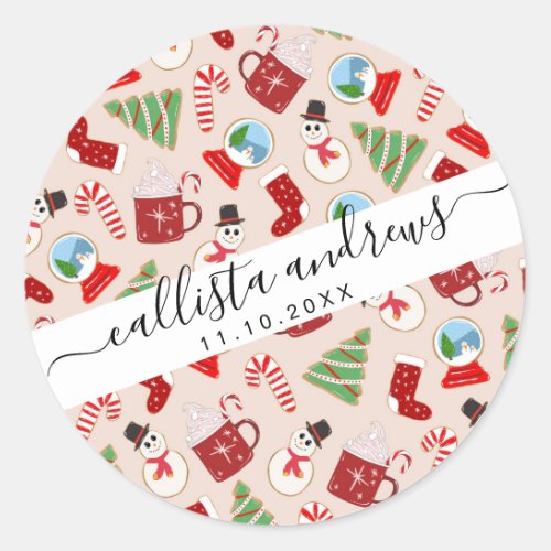 Festive Red Christmas Cookie Illustration Pattern Classic Round Sticker