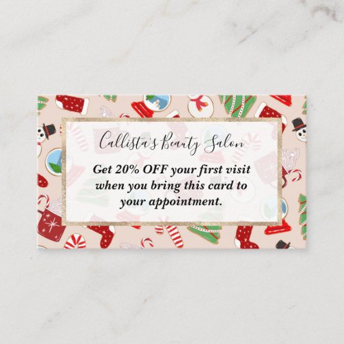 Festive Red Christmas Cookie Illustration Pattern Discount Card