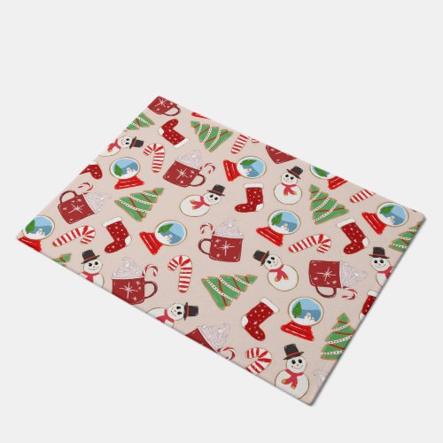 Festive Red Christmas Cookie Illustration Pattern Doormat
