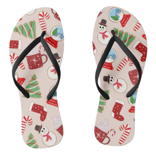 Festive Red Christmas Cookie Illustration Pattern Flip Flops