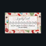 Festive Red Christmas Cookie Illustration Pattern Loyalty Card<br><div class="desc">This cute and festive pattern is perfect for the Christmas holiday season. It features a hand-drawn holiday cookie illustration pattern including a snowglobe, Christmas tree, stocking, hot cocoa, candy cane, and snowman. The color scheme includes red, green, white, black, and sepia tan. ***IMPORTANT DESIGN NOTE: For any custom design request...</div>