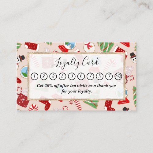 Festive Red Christmas Cookie Illustration Pattern Loyalty Card
