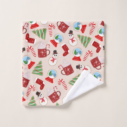 Festive Red Christmas Cookie Illustration Pattern Wash Cloth