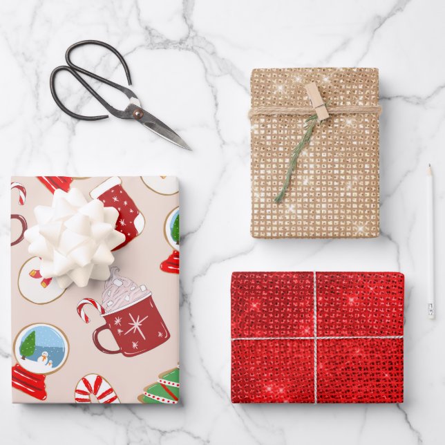 Festive Red Christmas Cookie Illustration Pattern Wrapping Paper Sheets (Front)