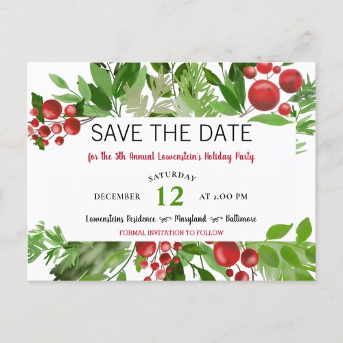 Festive Red Christmas Holiday Party  Save The Date Announcement Postcard