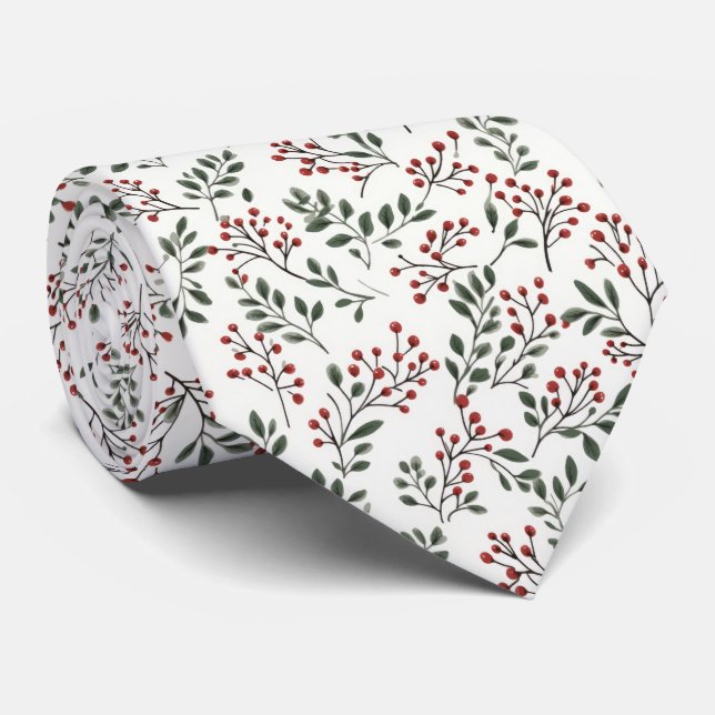 Festive Red Christmas Holly Berries and Greenery Neck Tie (Rolled)