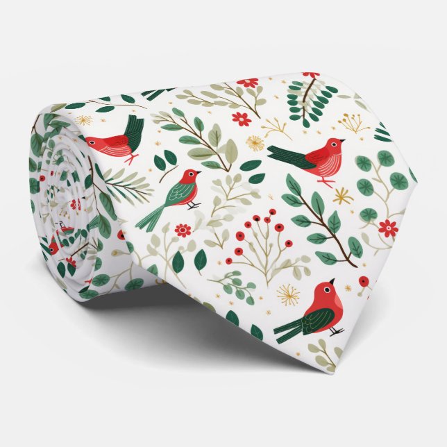 Festive Red Christmas Holly Berries Birds Neck Tie (Rolled)