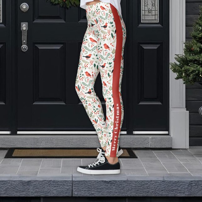 Festive Red Christmas Holly Berries Greenery Birds Leggings (Creator Uploaded)