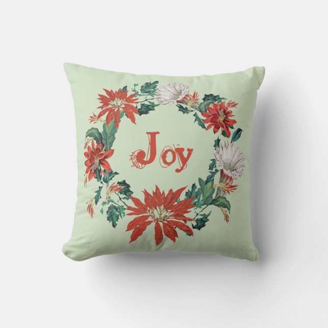 Festive Red Christmas Joy Floral Wreath on Sage Throw Pillow (Front)