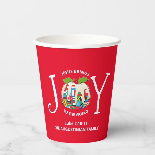 Festive Red Christmas JOY TO THE WORLD Paper Cups (Front)