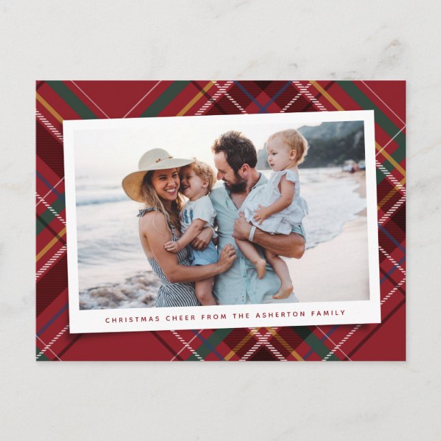 Festive red Christmas plaid one photo Holiday Postcard (Front)
