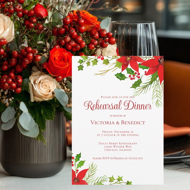 Festive Red Christmas Poinsettia Rehearsal Dinner Invitation (Creator Uploaded)