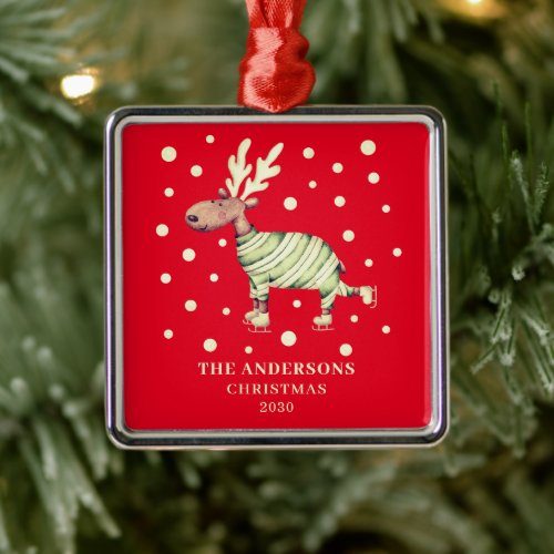 Festive Red Christmas Reindeer Skating Name Metal Ornament