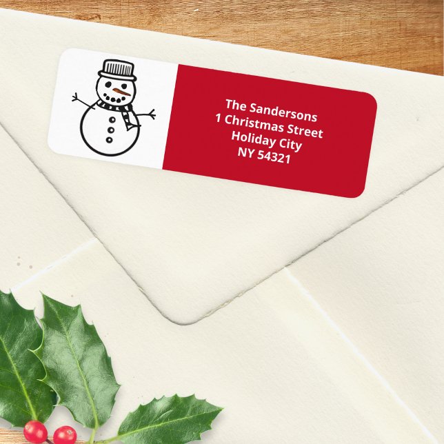 Festive Red Christmas Snowman Label (A Christmas return address label with jolly snowman picture and red panel for your address)