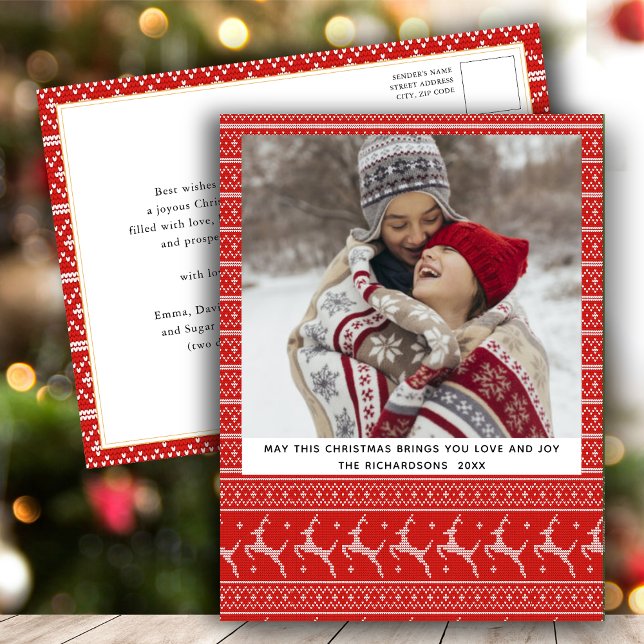 Festive Red Christmas Ugly Sweater Nordic Reindeer Holiday Postcard (Creator Uploaded)
