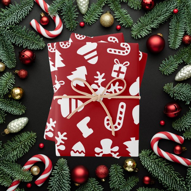 Festive Red Christmas With Holiday Icons Wrapping Paper Sheets (Creator Uploaded)
