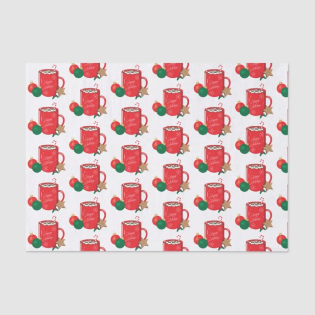Festive Red Cocoa Cup Pattern Holiday Tissue Paper (Front)