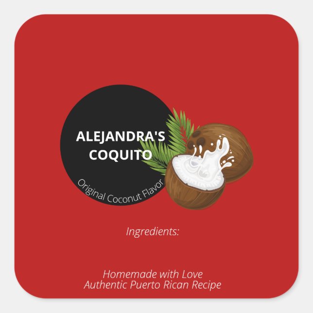 Festive Red Coconut Coquito Bottle Label Sticker (Front)