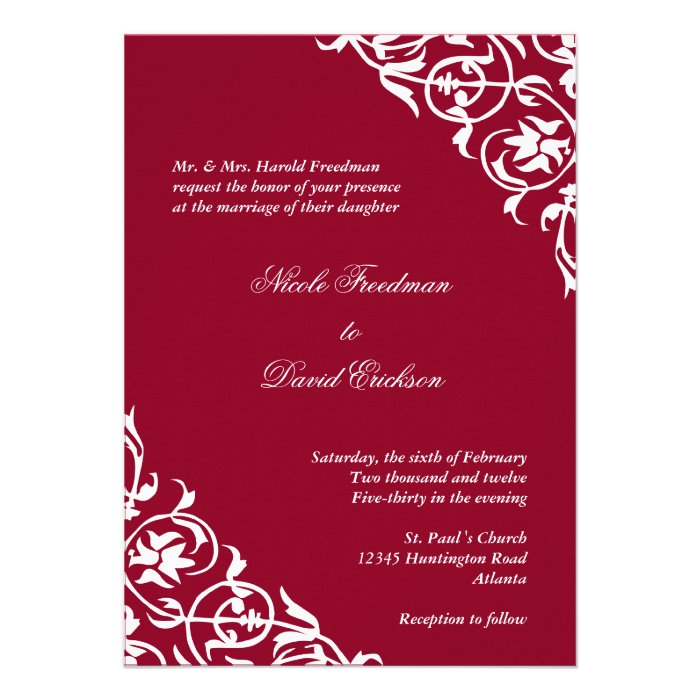 Festive red corner scroll script elegant wedding invite
