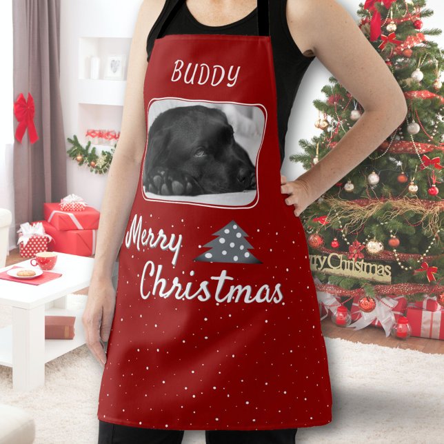 Festive Red Dog Pet Christmas Tree Name Photo  Apron (Creator Uploaded)